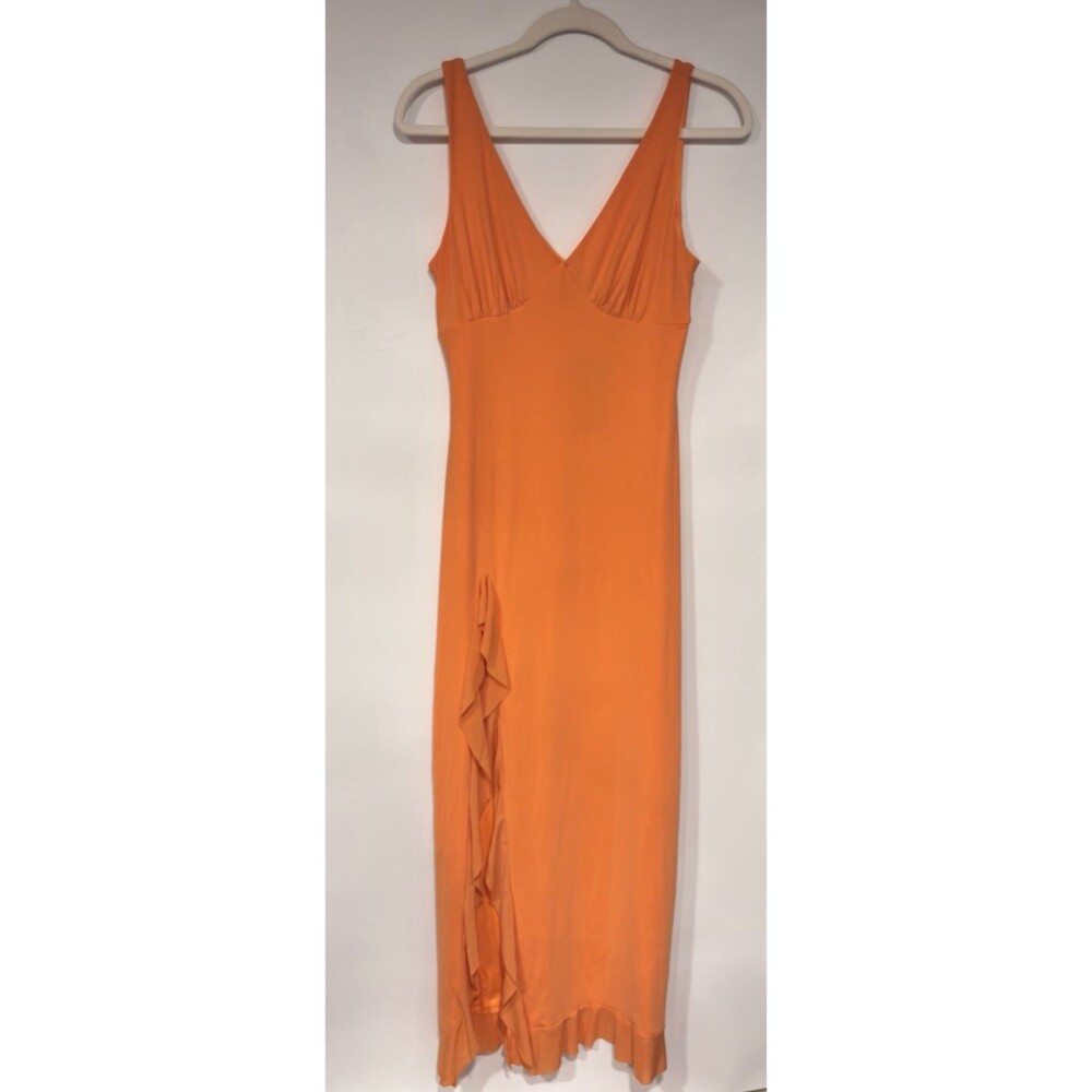 Womens Ruffle Maxi Dress Orange Evening Party Nightclub Autumn Slit Sz S Formal
